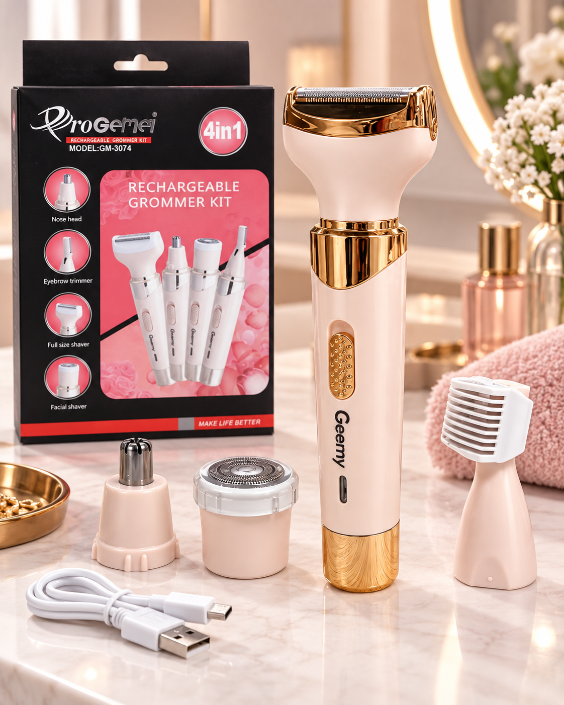Depiladora Femenina 4 en 1 ProGemei – Facial, Corporal, Cejas y Nariz Recargable