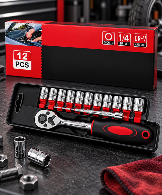 Juego de Ratchet 1/4” CR-V de 12 Piezas – Kit Compacto para Auto, Moto, Bicicleta y Hogar