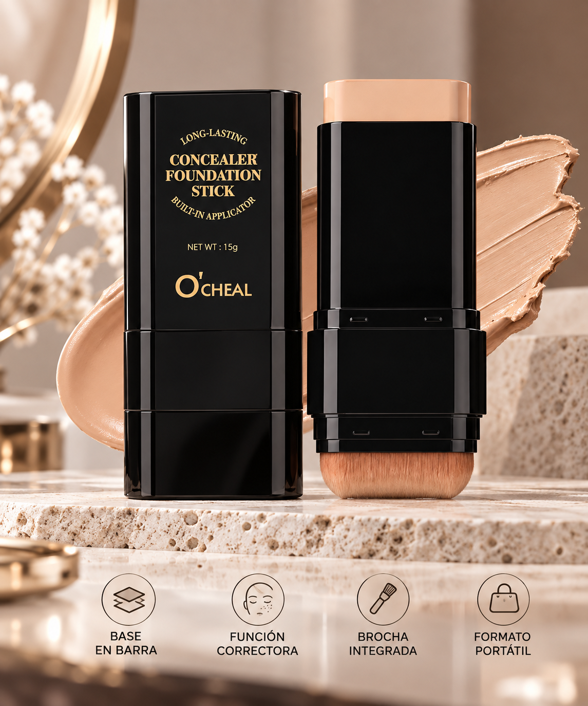 O’Cheal Foundation Stick 3 en 1 – Base, Corrector y Brocha Integrada para un Acabado Uniforme