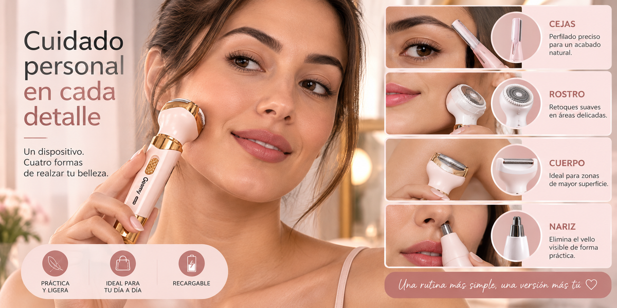 Depiladora Femenina 4 en 1 ProGemei – Facial, Corporal, Cejas y Nariz Recargable