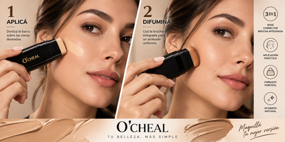 O’Cheal Foundation Stick 3 en 1 – Base, Corrector y Brocha Integrada para un Acabado Uniforme