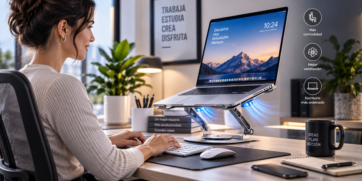 Soporte Ergonómico para Laptop V4.1 con Doble Ventilador – Aluminio, Refrigeración y Altura Ajustable
