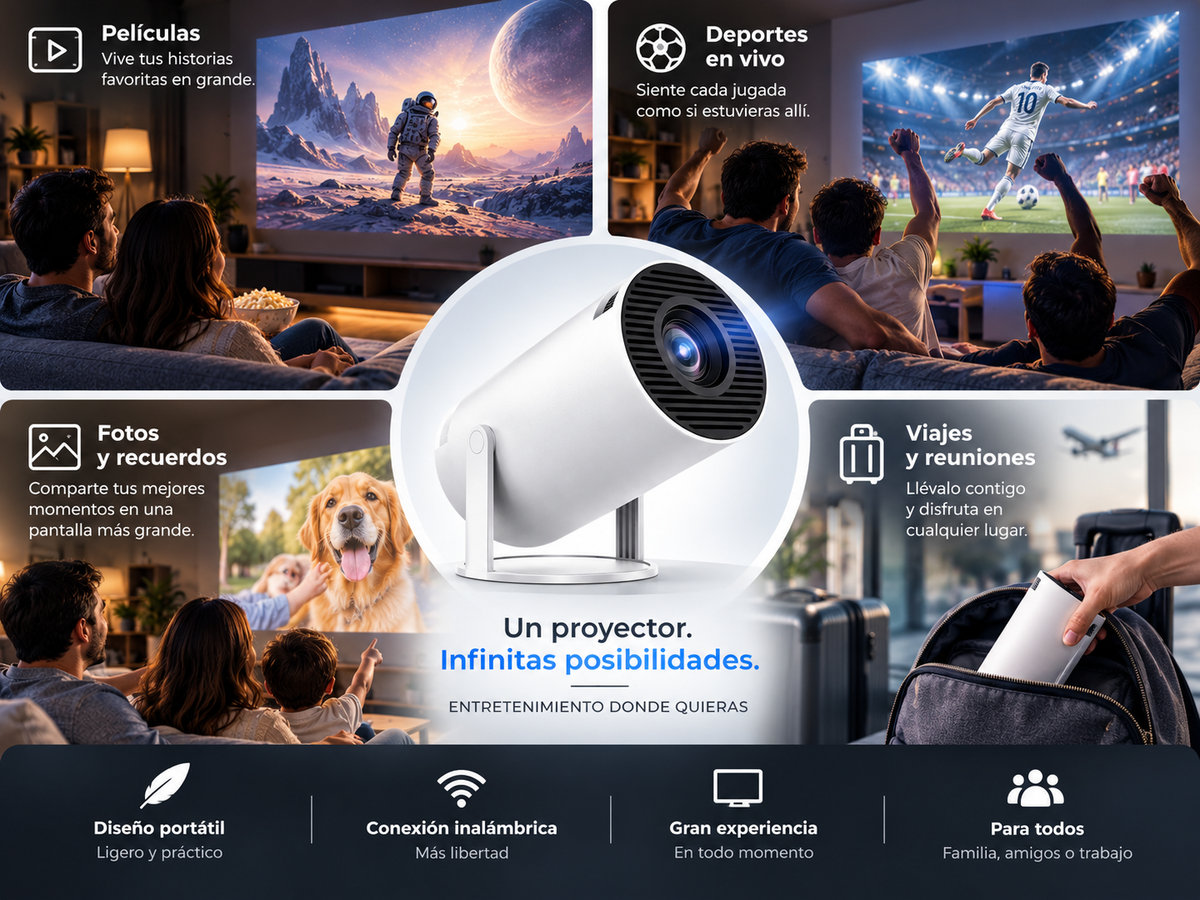 **Smart Projector WiFi 6 + Bluetooth 5.0 – Cine Portátil en Pantalla Grande Donde Quieras**